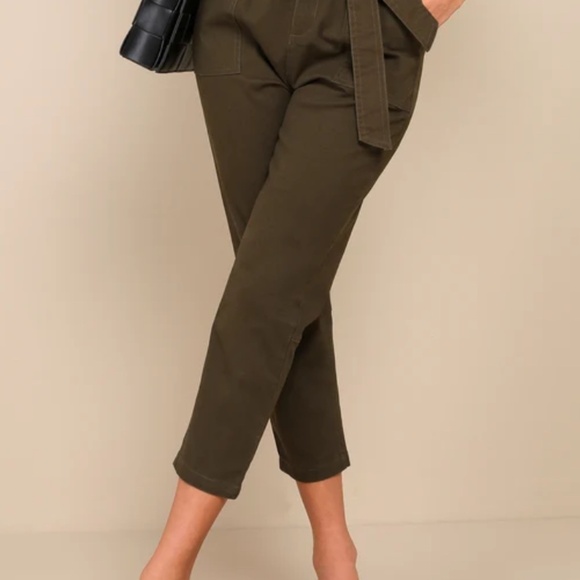 Olive Green Tie-Waist Cropped Pants S - Picture 3 of 3